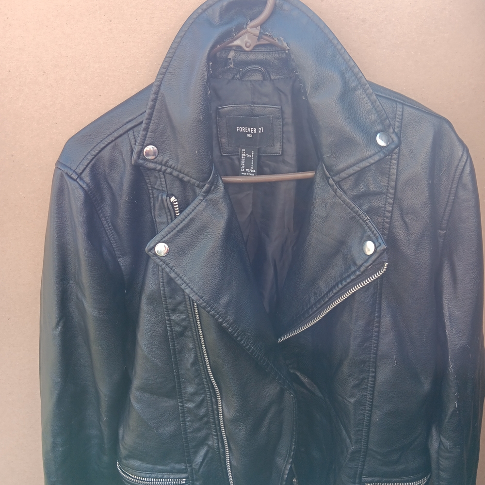 Forever 21 Faux Leather Black Biker Jacket with Silver Accents